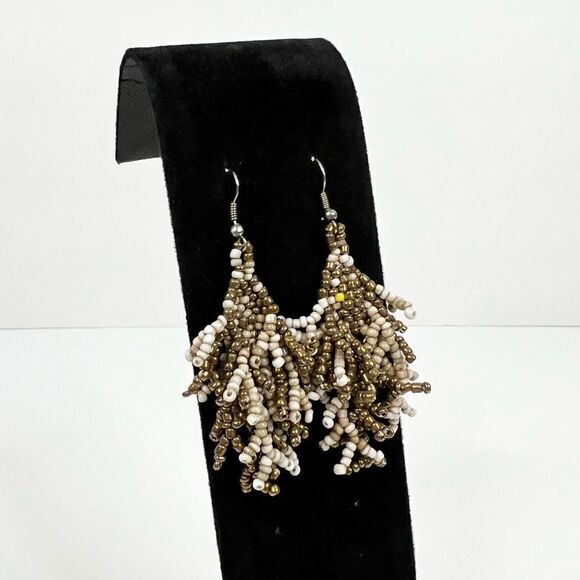 𝅺bronze and Brown Beaded Long Fringe Dangle Earrings - Picture 3 of 3